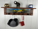 Late Summer Majesty Bear | Rustic Wall Coat Rack with Decorative Shelf | Entryway Organizer with Black Hooks | Handcrafted Wood Coat Hanger | Farmhouse Hallway Storage | Carved Blossom Lattice