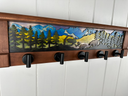 Late Summer Majesty Bear | Rustic Wall Coat Rack with Decorative Shelf | Entryway Organizer with Black Hooks | Handcrafted Wood Coat Hanger | Farmhouse Hallway Storage | Carved Blossom Lattice