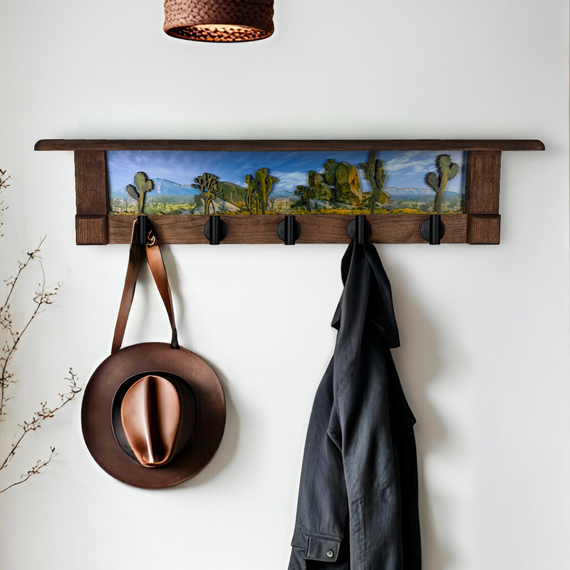 Joshua Tree Summers Day | Rustic Wall Coat Rack with Decorative Shelf | Entryway Organizer with Black Hooks | Handcrafted Wood Coat Hanger | Farmhouse Hallway Storage