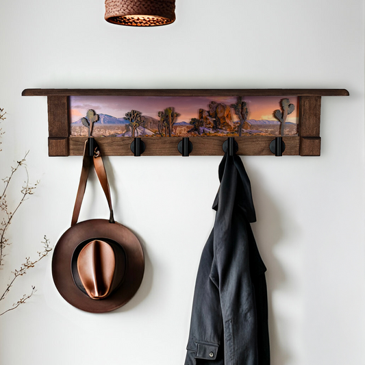 Joshua Tree Sunset | Rustic Wall Coat Rack with Decorative Shelf | Entryway Organizer with Black Hooks | Handcrafted Wood Coat Hanger | Farmhouse Hallway Storage
