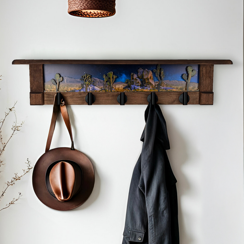 Joshua Tree Twilight | Rustic Wall Coat Rack with Decorative Shelf | Entryway Organizer with Black Hooks | Handcrafted Wood Coat Hanger | Farmhouse Hallway Storage