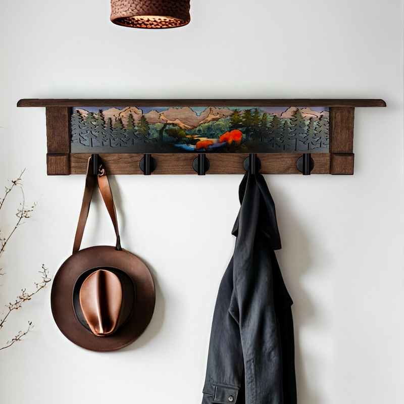 Morning Ember Bear | Rustic Wall Coat Rack with Decorative Shelf | Entryway Organizer with Black Hooks | Handcrafted Wood Coat Hanger | Farmhouse Hallway Storage