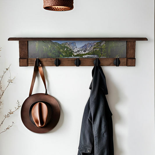 Rocky Mountains Summertime | Rustic Wall Coat Rack with Decorative Shelf | Entryway Organizer with Black Hooks | Handcrafted Wood Coat Hanger | Farmhouse Hallway Storage