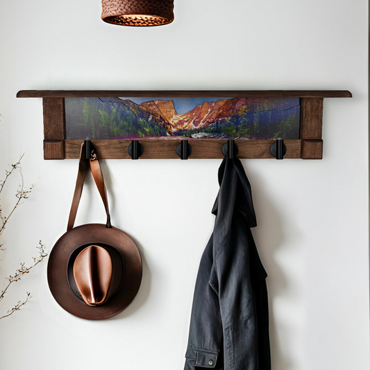 Rocky Mountains Dreamlake Sunset | Rustic Wall Coat Rack with Decorative Shelf | Entryway Organizer with Black Hooks | Handcrafted Wood Coat Hanger | Farmhouse Hallway Storage