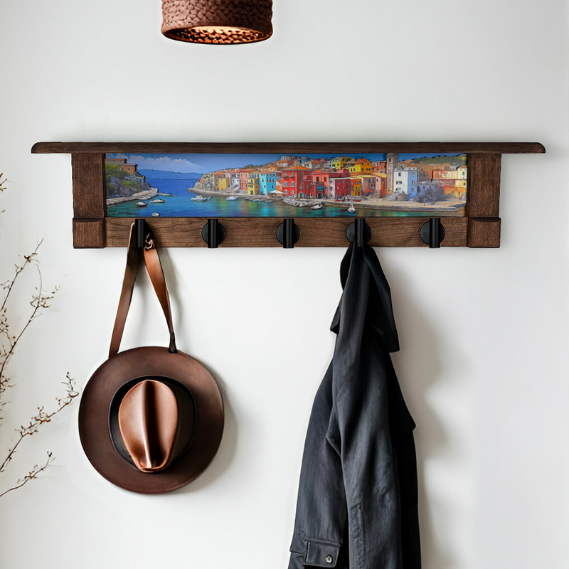 Seaside Village Harbor | Rustic Wall Coat Rack with Decorative Shelf | Entryway Organizer with Black Hooks | Handcrafted Wood Coat Hanger | Farmhouse Hallway Storage