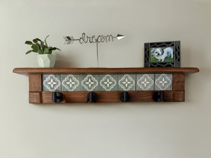 Rustic Cherry Wood Coat Rack w/ Shelf, Tiles and Black Hooks