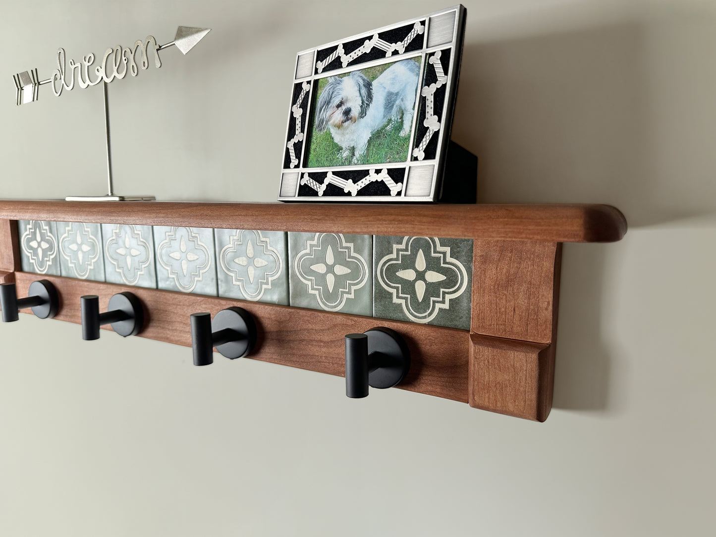 Rustic Cherry Wood Coat Rack w/ Shelf, Tiles and Black Hooks
