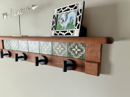 Rustic Cherry Wood Coat Rack w/ Shelf, Tiles and Black Hooks