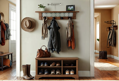 Rustic Cherry Wood Coat Rack w/ Shelf, Tiles and Black Hooks