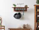 Rustic Cherry Wood Coat Rack with Decorative Tile Shelf & Black Hooks