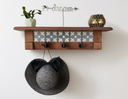 Rustic Cherry Wood Coat Rack with Decorative Tile Shelf & Black Hooks