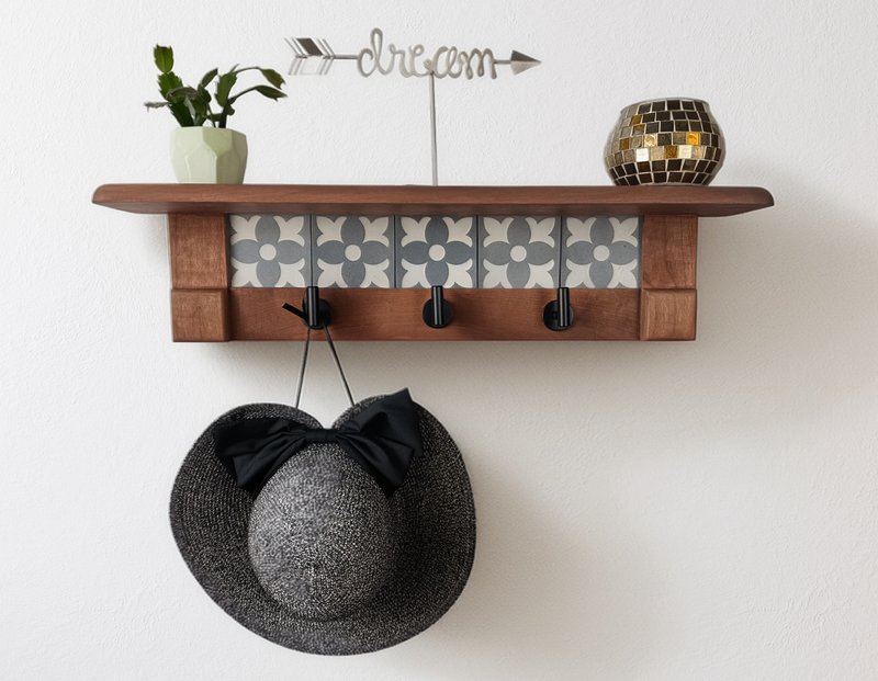 Rustic Cherry Wood Coat Rack with Decorative Tile Shelf & Black Hooks