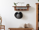 Rustic Cherry Wood Coat Rack with Decorative Tile Shelf & Black Hooks