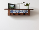 Rustic Cherry Wood Coat Rack with Decorative Tile Shelf & Black Hooks