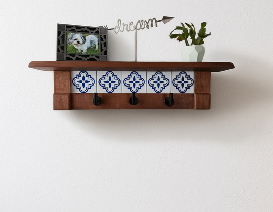 Rustic Cherry Wood Coat Rack with Decorative Tile Shelf & Black Hooks