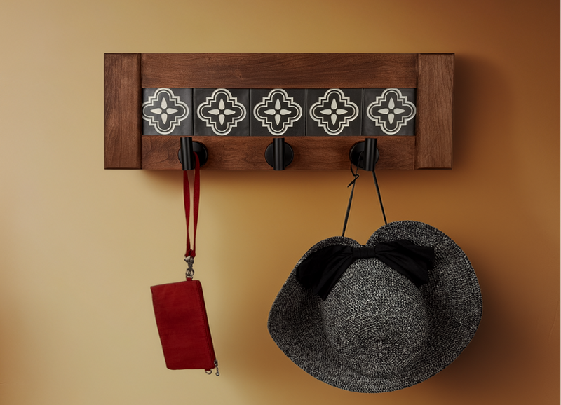 Framed Tile | Rustic Cherry Wood Coat Rack with Decorative Tile Shelf & Black Hooks