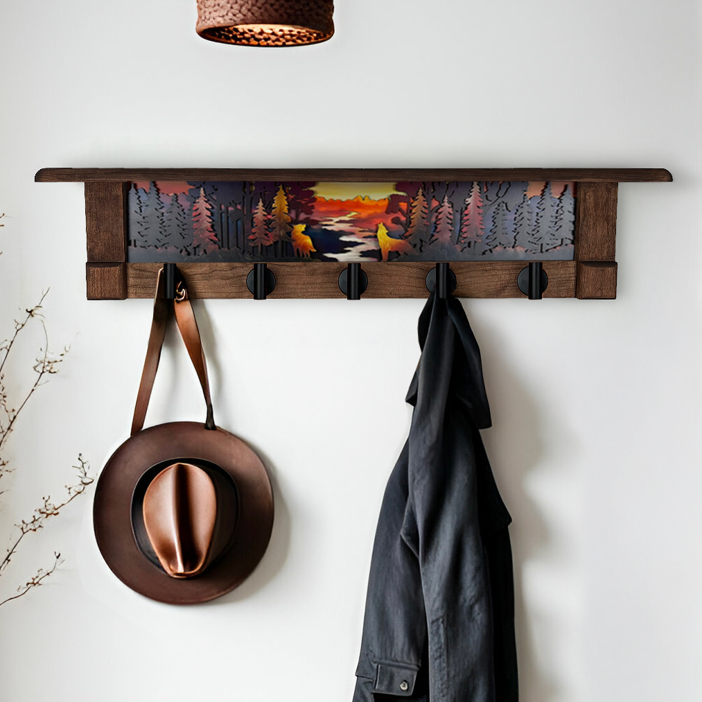 River Guardians Autumn Ember | Rustic Wall Coat Rack with Decorative Shelf | Entryway Organizer with Black Hooks | Handcrafted Wood Coat Hanger | Farmhouse Hallway Storage