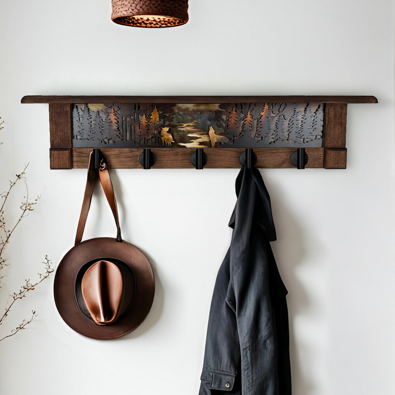River Guardians Sunrise Sundown | Rustic Wall Coat Rack with Decorative Shelf | Entryway Organizer with Black Hooks | Handcrafted Wood Coat Hanger | Farmhouse Hallway Storage