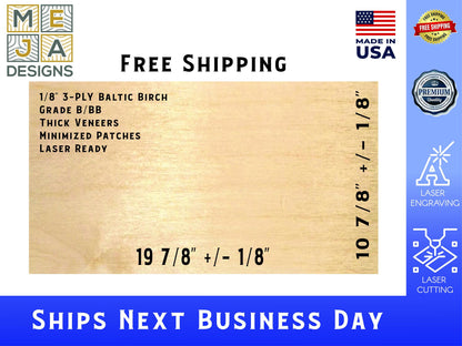 1/8" Baltic Birch Plywood Sheets (11"x20") Laser Wood, B/BB Grade