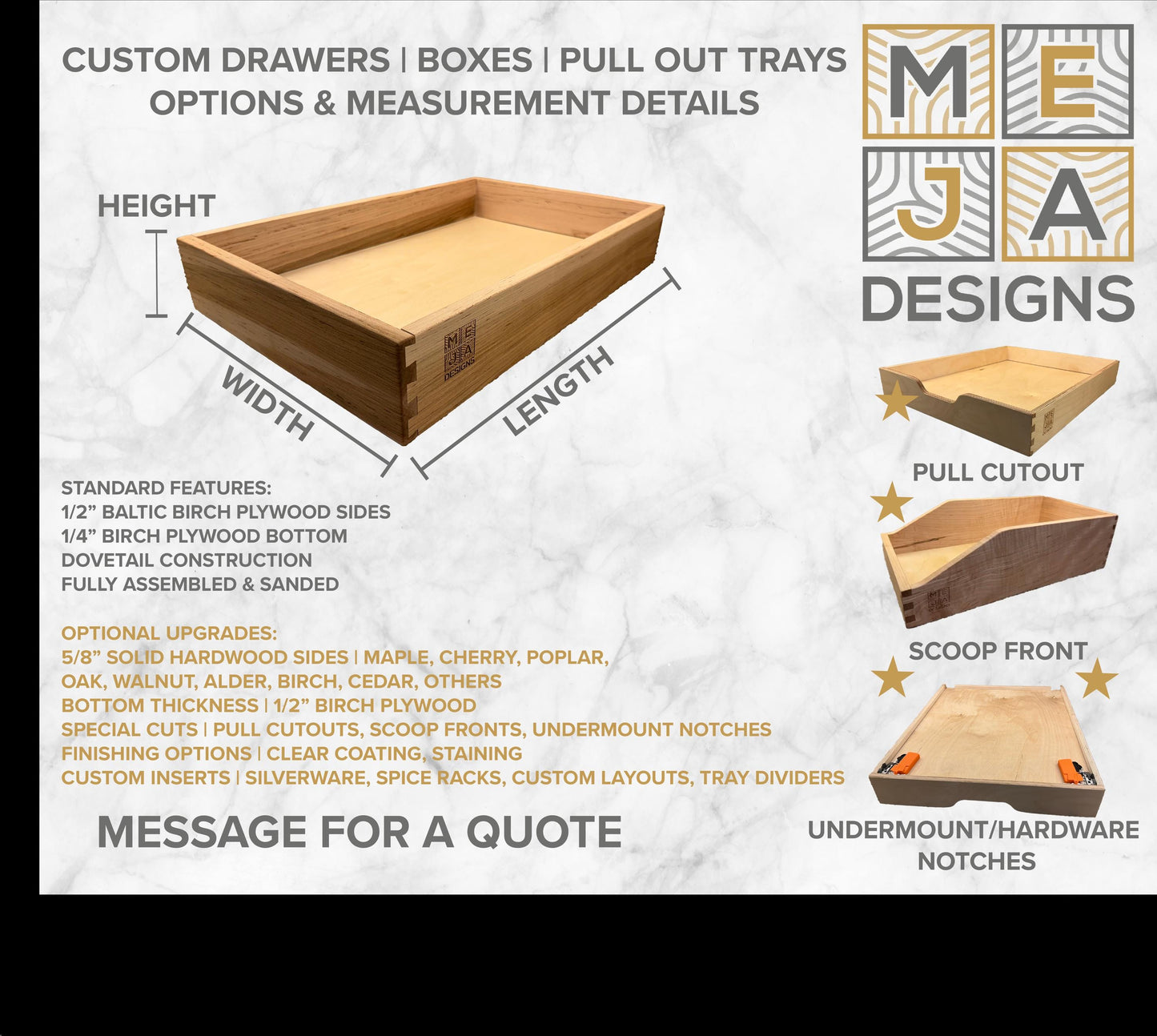 Drawer | Baltic Birch Plywood, Half Blind Dovetail, 1/2" Sides, 1/4" Birch ply Bottom, Clear Coated, Waste Bin Cutout