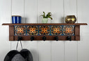 Carved Blossom Lattice | Rustic Wall Coat Rack with Decorative Shelf | Entryway Organizer with Black Hooks | Handcrafted Wood Coat Hanger | Farmhouse Hallway Storage