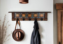 Carved Blossom Lattice | Rustic Wall Coat Rack with Decorative Shelf | Entryway Organizer with Black Hooks | Handcrafted Wood Coat Hanger | Farmhouse Hallway Storage