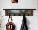 Mountain Meadow Elk | Rustic Wall Coat Rack with Decorative Shelf | Entryway Organizer with Black Hooks | Handcrafted Wood Coat Hanger | Farmhouse Hallway Storage