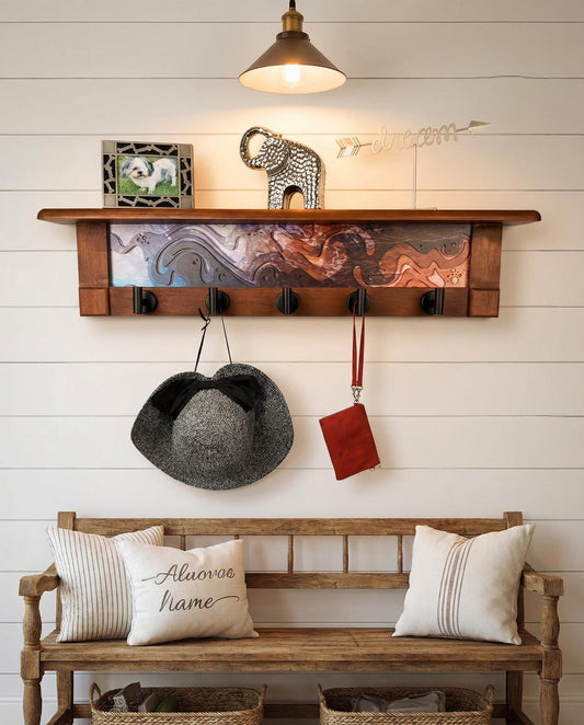 Rustic Wall Coat Rack with Shelf: Entryway Organizer with Black Hooks | Abstract Landscape Blue, Burgundy & Terracotta