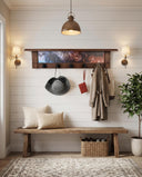 Rustic Wall Coat Rack with Shelf: Entryway Organizer with Black Hooks | Abstract Landscape Blue, Burgundy & Terracotta