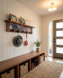 Rustic Wall Coat Rack with Shelf: Entryway Organizer with Black Hooks | Abstract Landscape Blue, Burgundy & Terracotta