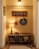 Rustic Cherry Wood Coat Rack with Decorative Tile Shelf & Black Hooks