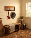 Rustic Cherry Wood Coat Rack with Decorative Tile Shelf & Black Hooks
