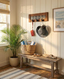 Rustic Cherry Wood Coat Rack with Decorative Tile Shelf & Black Hooks