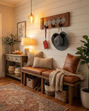 Rustic Cherry Wood Coat Rack with Decorative Tile Shelf & Black Hooks