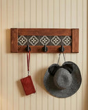 Rustic Cherry Wood Coat Rack with Decorative Tile Shelf & Black Hooks
