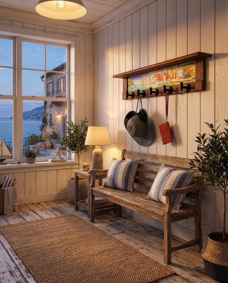 Sunlit Seaside Village | Rustic Wall Coat Rack with Decorative Shelf | Entryway Organizer with Black Hooks | Handcrafted Wood Coat Hanger | Farmhouse Hallway Storage