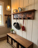 Rustic Wall Coat Rack with Shelf: Entryway Organizer with Black Hooks | Abstract Landscape Blue, Burgundy & Terracotta