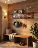 Rustic Wall Coat Rack with Shelf: Entryway Organizer with Black Hooks | Abstract Landscape Blue, Burgundy & Terracotta