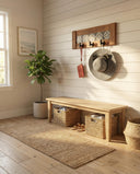 Rustic Cherry Wood Coat Rack with Decorative Tile Shelf & Black Hooks