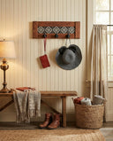 Rustic Cherry Wood Coat Rack with Decorative Tile Shelf & Black Hooks