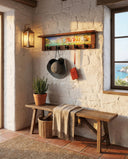 Sunlit Seaside Village | Rustic Wall Coat Rack with Decorative Shelf | Entryway Organizer with Black Hooks | Handcrafted Wood Coat Hanger | Farmhouse Hallway Storage