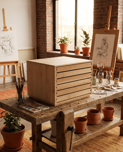 Artist Supply Drawer Chest | Handmade Wood Studio Organizer | Custom Paint Tube & Brush Storage | Flat File Drawer Unit