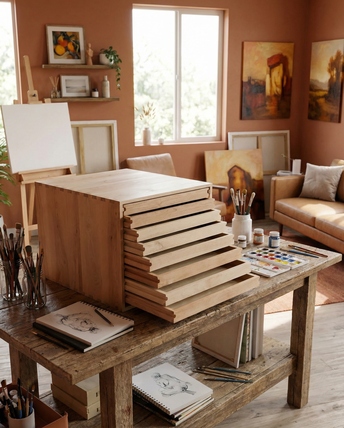 Artist Supply Drawer Chest | Handmade Wood Studio Organizer | Custom Paint Tube & Brush Storage | Flat File Drawer Unit