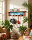 Rustic Wall Coat Rack with Shelf: Entryway Organizer with Black Hooks | Abstract Landscape Coastal Aqua Blue