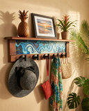 Rustic Wall Coat Rack with Shelf: Entryway Organizer with Black Hooks | Abstract Landscape Coastal Aqua Blue