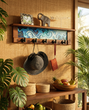 Rustic Wall Coat Rack with Shelf: Entryway Organizer with Black Hooks | Abstract Landscape Coastal Aqua Blue