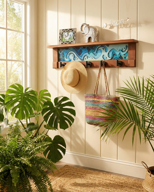 Rustic Wall Coat Rack with Shelf: Entryway Organizer with Black Hooks | Abstract Landscape Coastal Aqua Blue