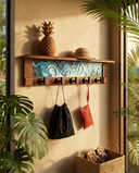 Rustic Wall Coat Rack with Shelf: Entryway Organizer with Black Hooks | Abstract Landscape Coastal Aqua Blue