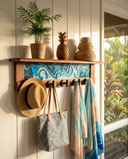 Rustic Wall Coat Rack with Shelf: Entryway Organizer with Black Hooks | Abstract Landscape Coastal Aqua Blue