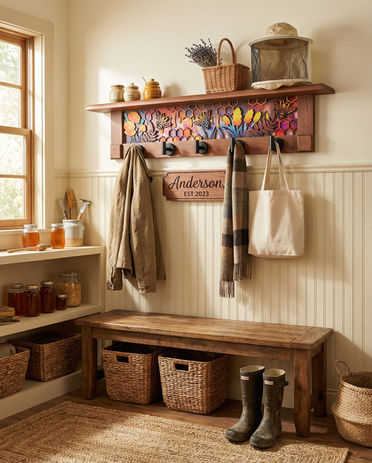 Honeycomb Meadow Orange Blossom | Rustic Wall Coat Rack with Decorative Shelf | Entryway Organizer with Black Hooks | Handcrafted Wood Coat Hanger | Farmhouse Hallway Storage